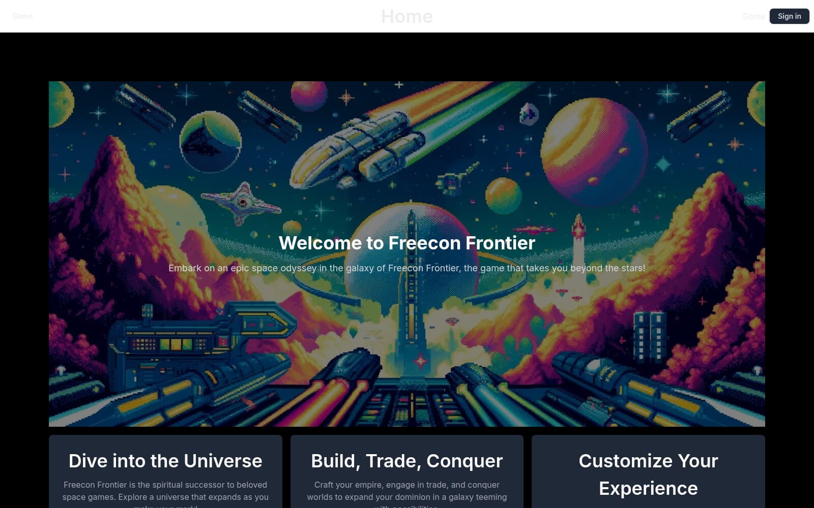 The live Freecon Frontier landing page at freeconfrontier.com, inviting players to explore, build, trade, and conquer