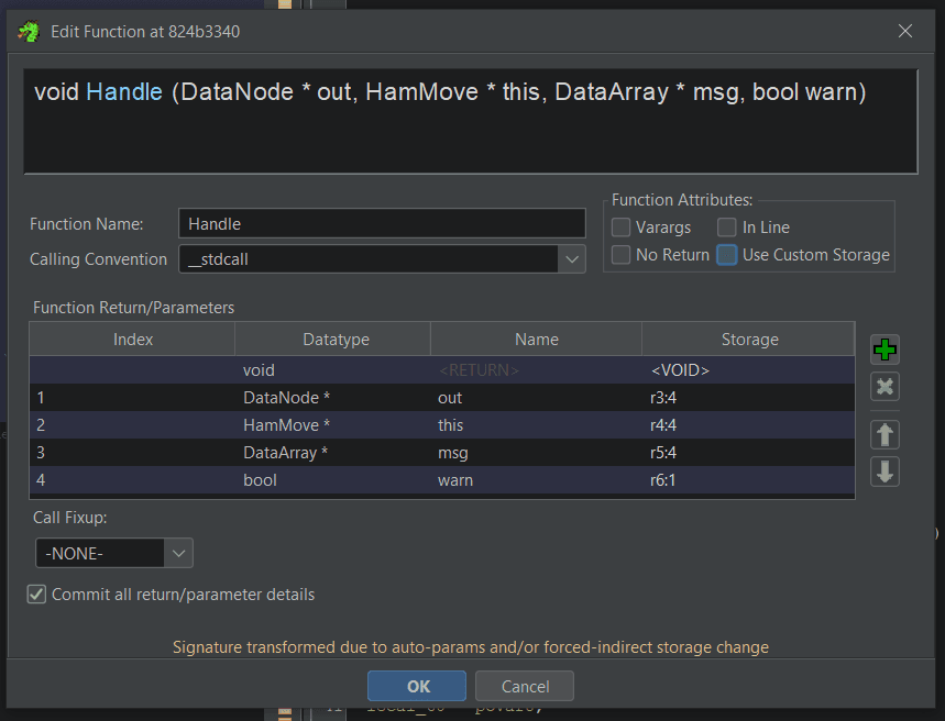 Ghidra function-signature editor over an Xbox 360 Milo engine function, with recovered C++ types and PowerPC register storage assignments