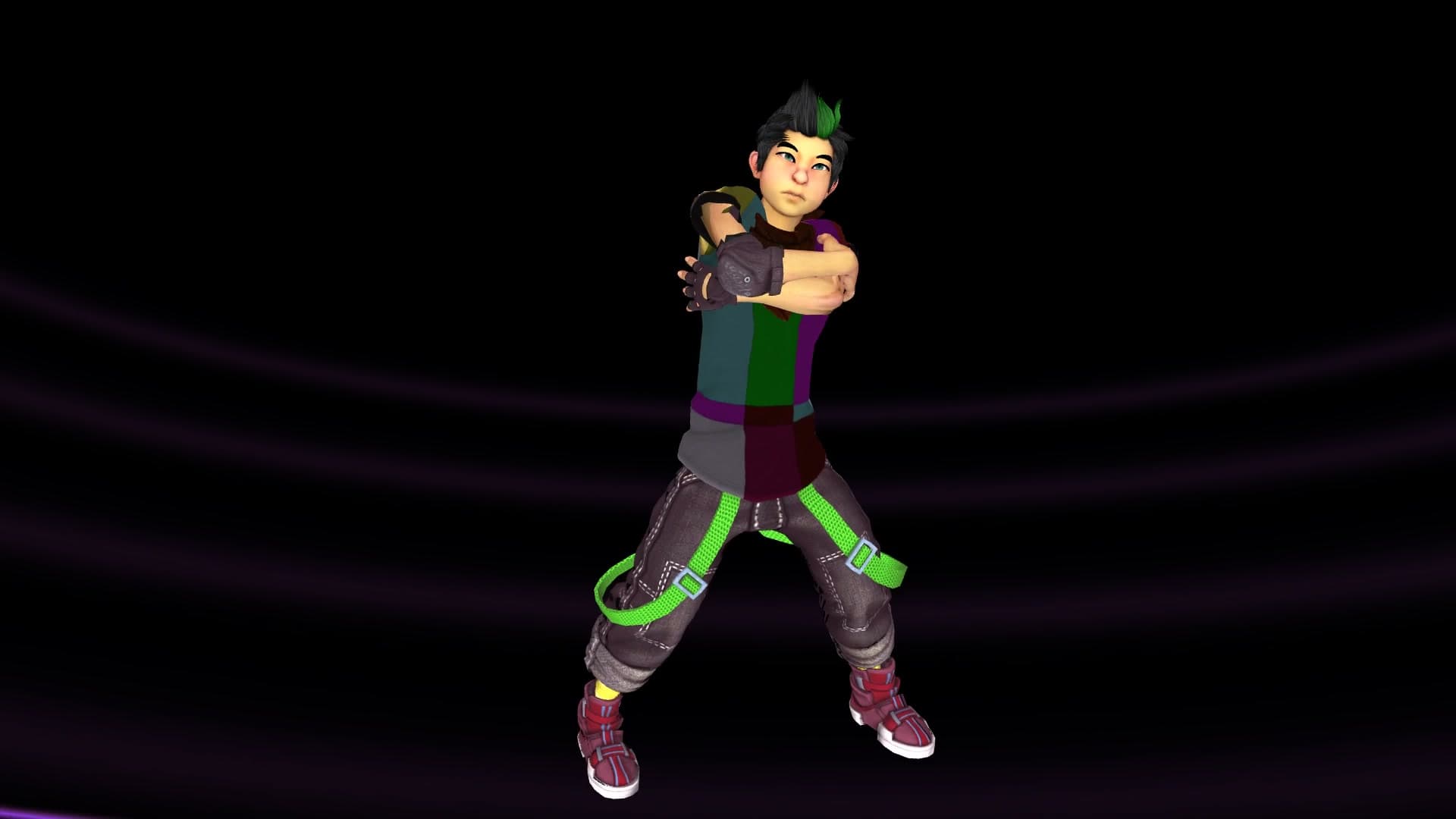 A dance-clip pose rendered natively against the Hi-Def stage, lit by a custom directional-light rig