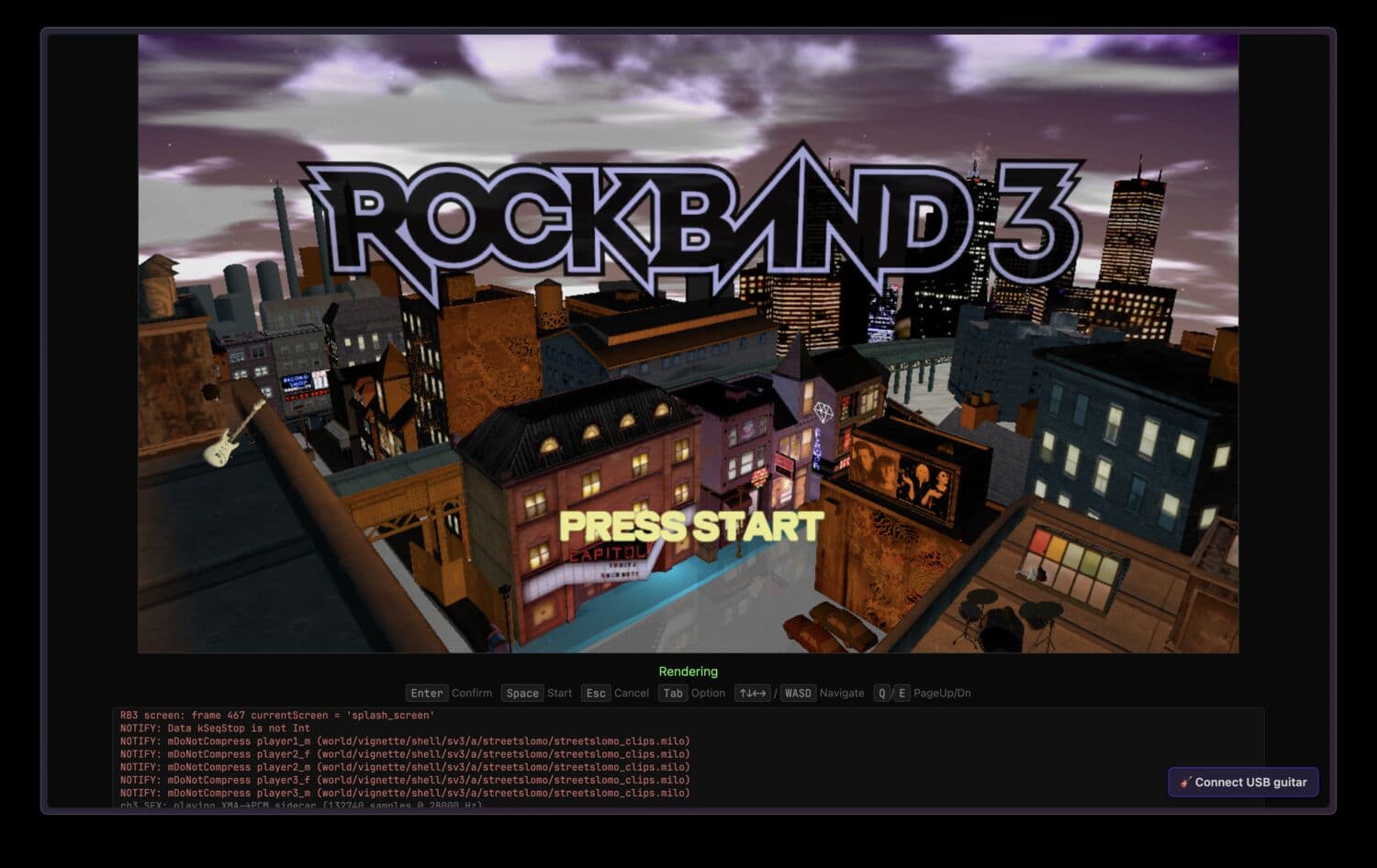 Rock Band 3 booted in a browser tab: the game canvas above the harness's key legend, a live engine log reporting splash_screen at frame 467 and streaming .milo assets, and a Connect USB guitar button