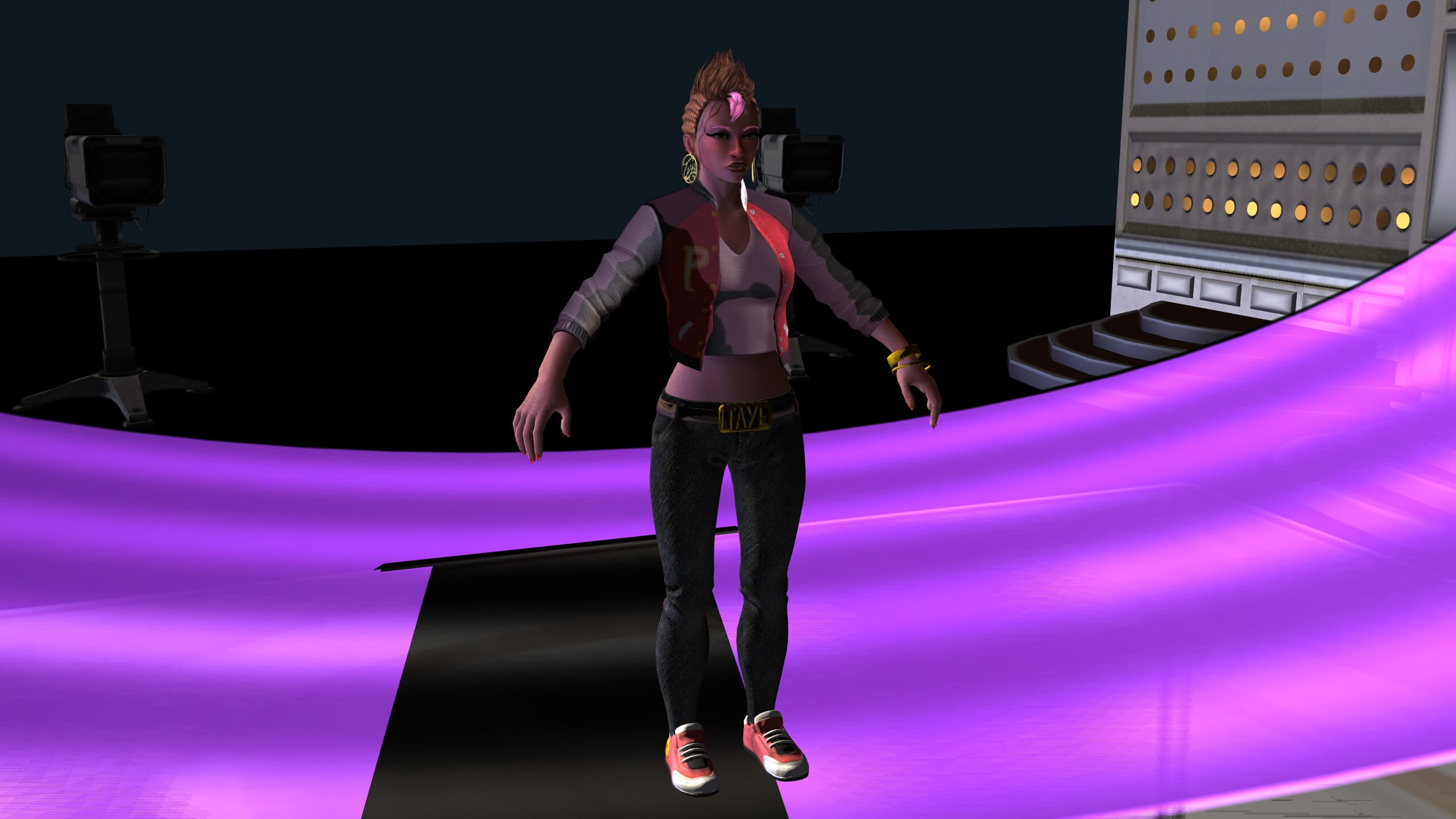 The Milo engine scene viewer rendering a character on the DC Live TV-studio stage at 1440p via WebGPU