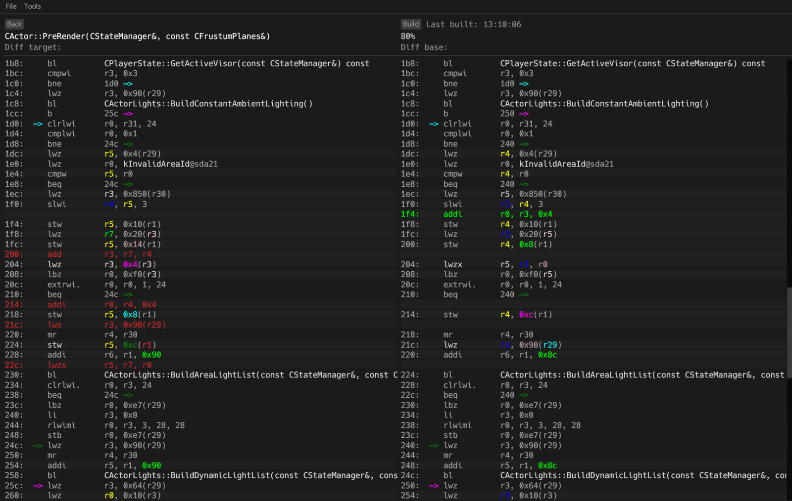 objdiff comparing original and recompiled PowerPC instruction streams side by side, mismatches highlighted per instruction