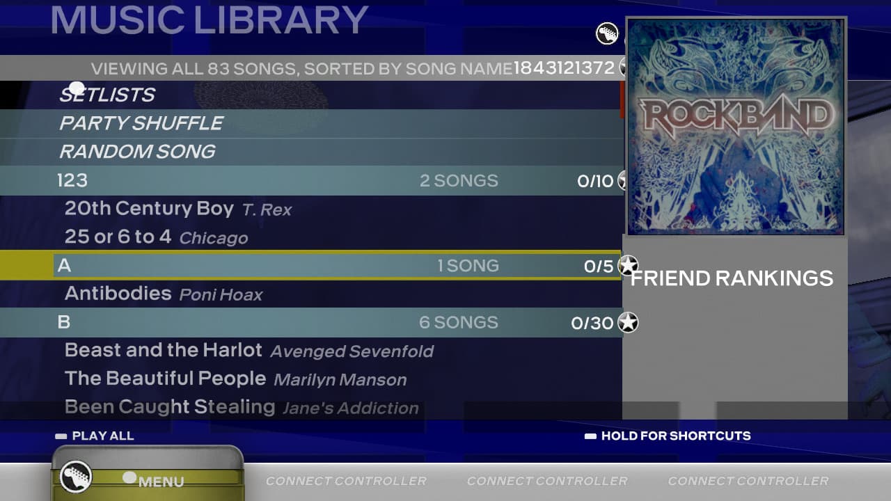 The music library song-select screen running in the native port, driven headless through its HTTP debug API