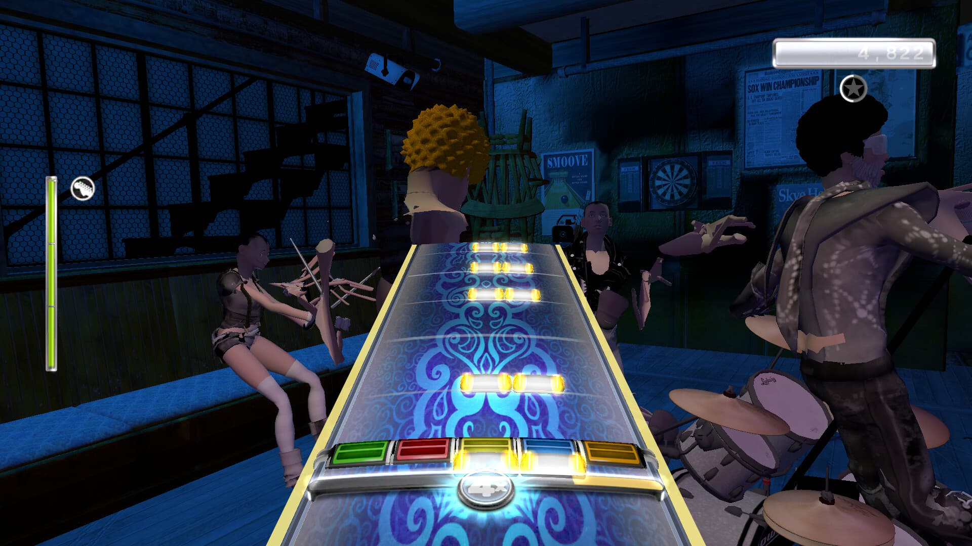 An in-game camera cut during a song: band, crowd, and the scrolling note track running in the native RB3 port
