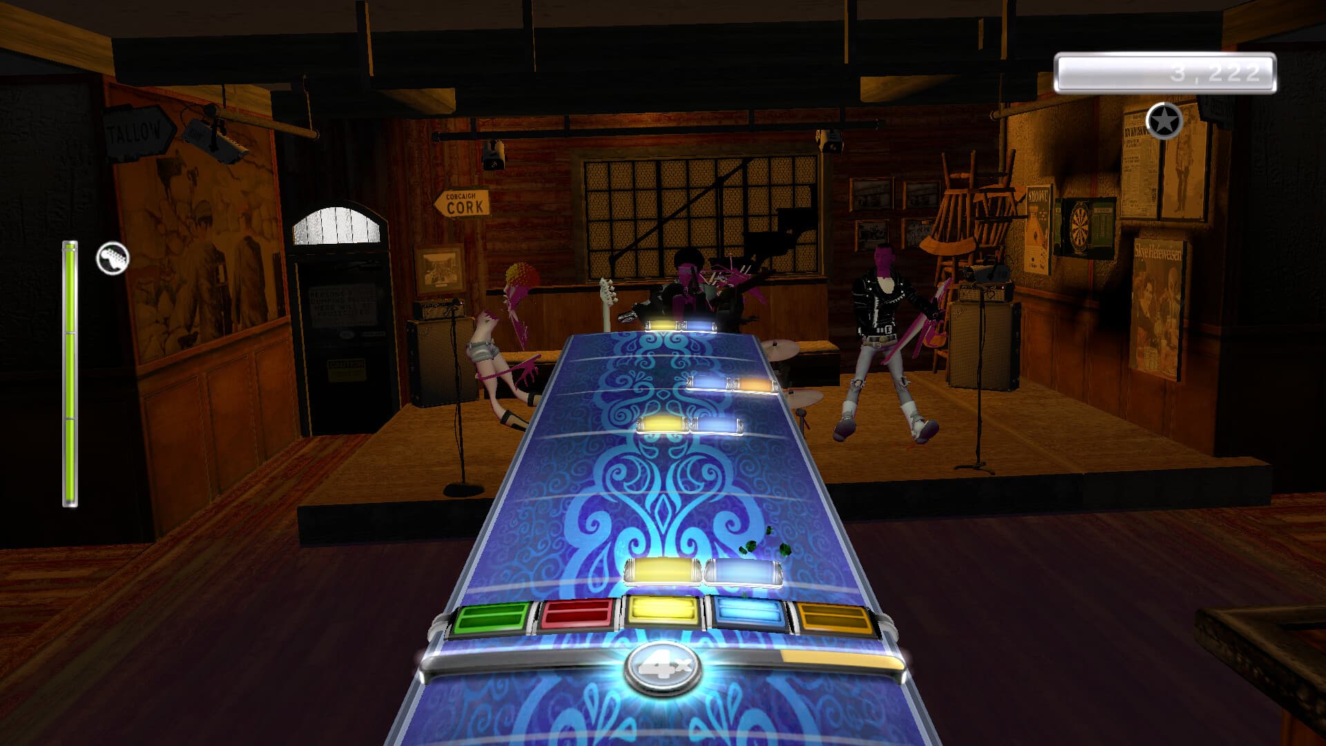 Rock Band 3's note highway mid-song — full band on a pub-venue stage — rendered by the decompilation's native engine port at 1080p