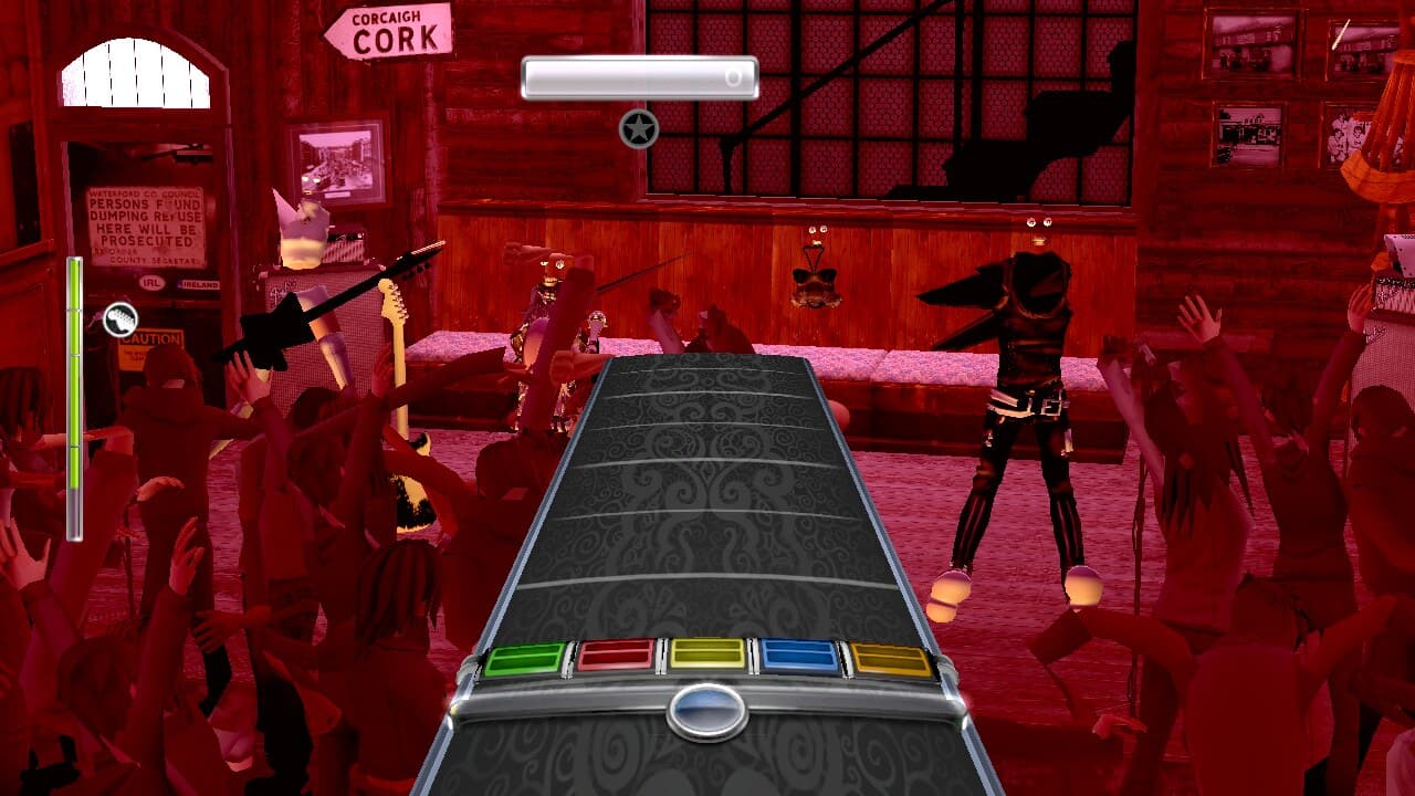 Rock Band 3 guitar gameplay, venue and crowd included, rendered by the decompiled engine running as the native/browser port