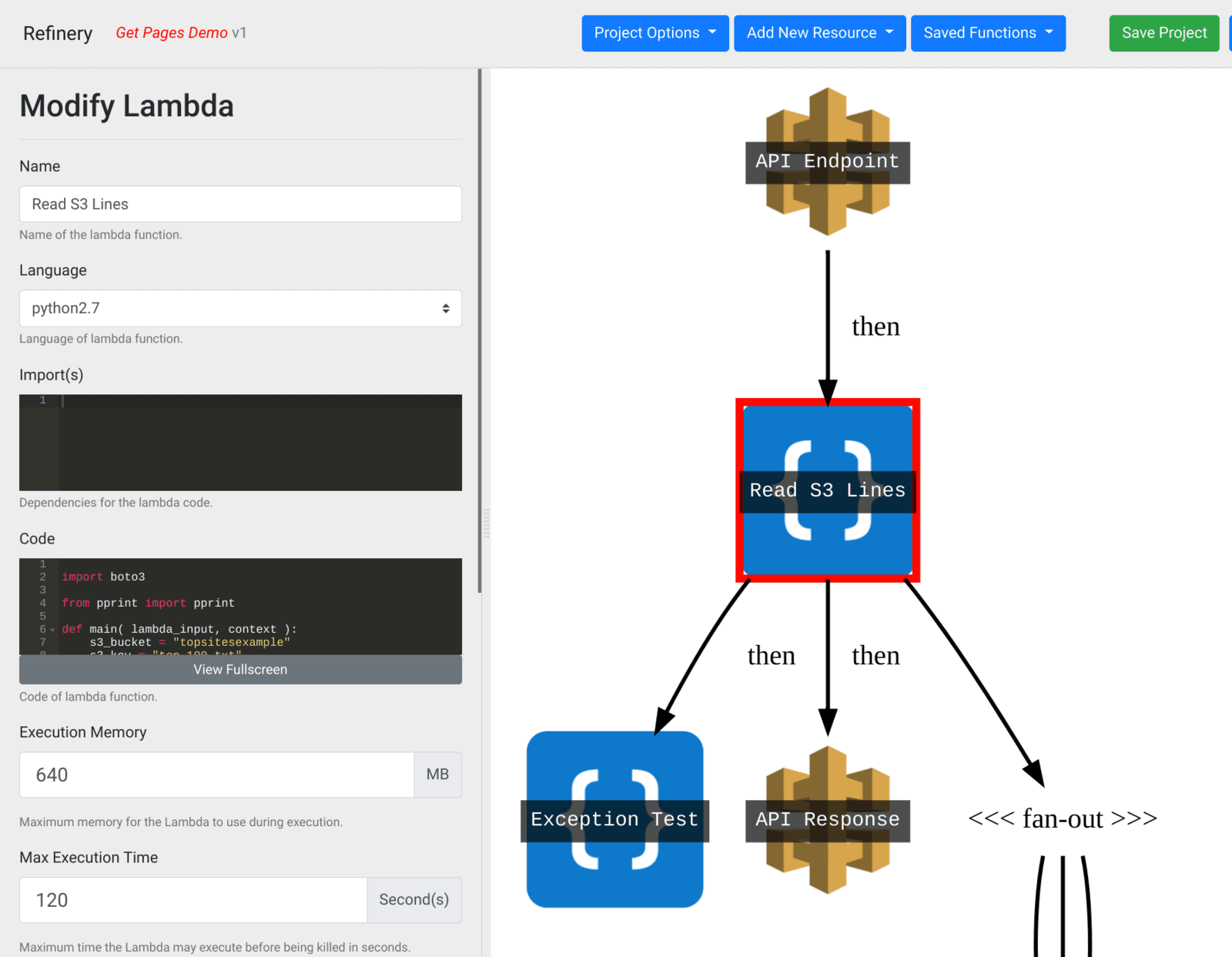 The Refinery visual editor: a Lambda code block on the drag-and-drop canvas, wired from an API endpoint into fan-out branches