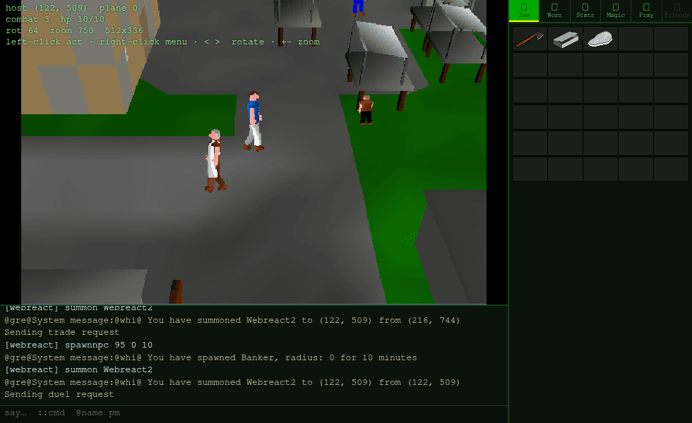 The deobfuscated RuneScape Classic client rendering the 3D viewport inside the remote-control debug UI used for parity testing