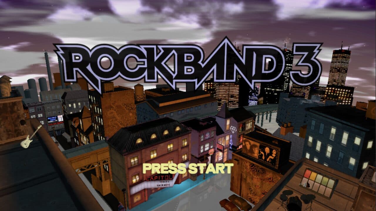 Rock Band 3's title screen — the city skyline and PRESS START — rendered in a browser tab by the shared engine compiled to WebAssembly and WebGPU