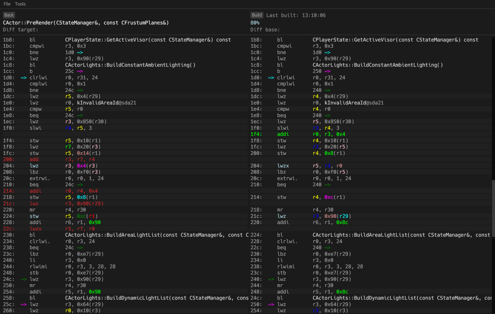 objdiff comparing original and recompiled PowerPC instruction streams side by side, with per-instruction mismatches highlighted