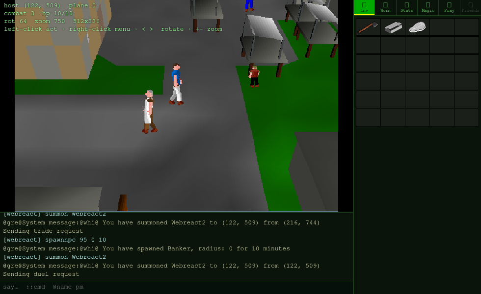 The deobfuscated 2001 MMO client rendering the live 3D world above a remote-control debug console